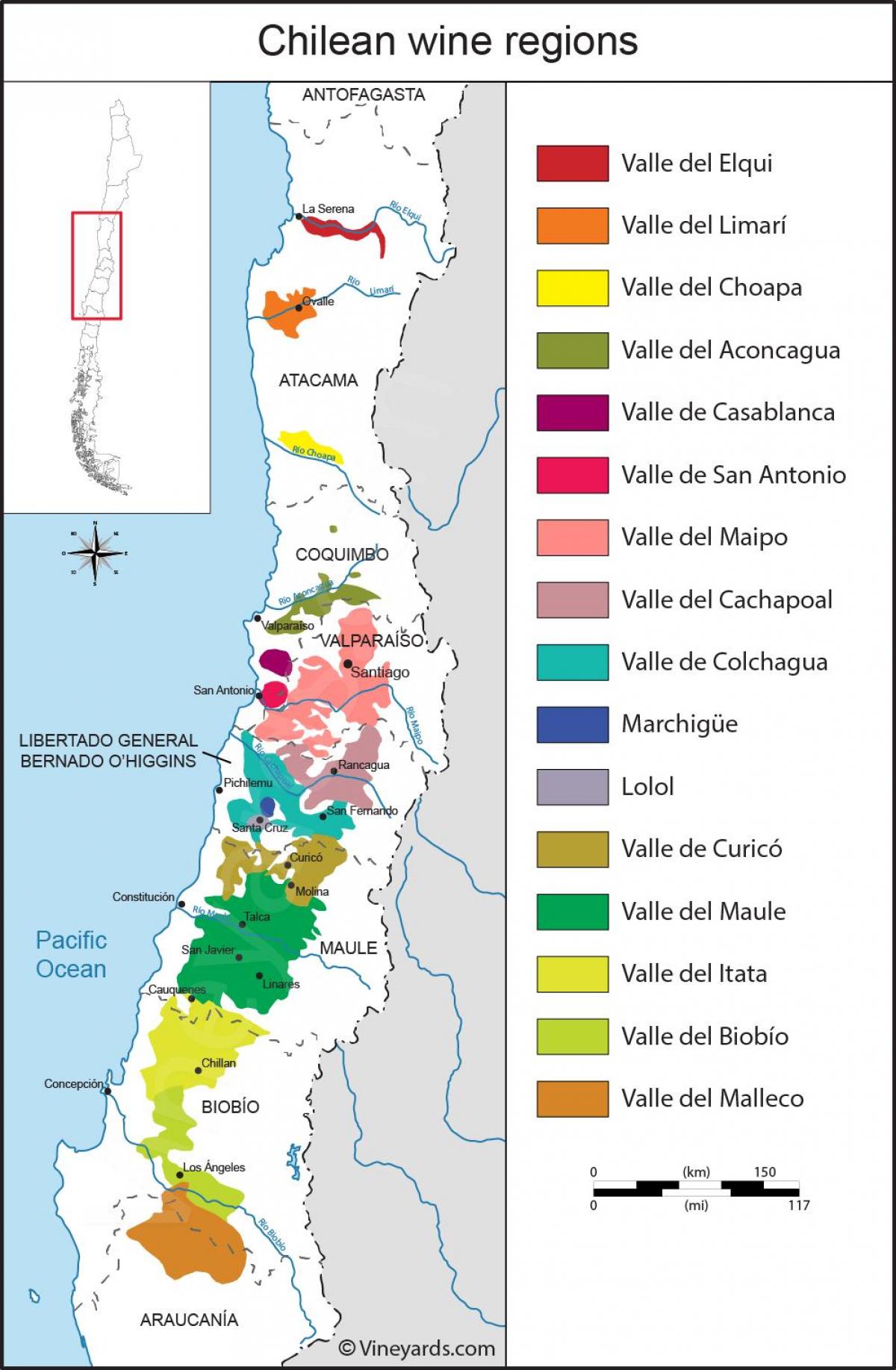 Χάρτης της Χιλής κρασί περιοχές 