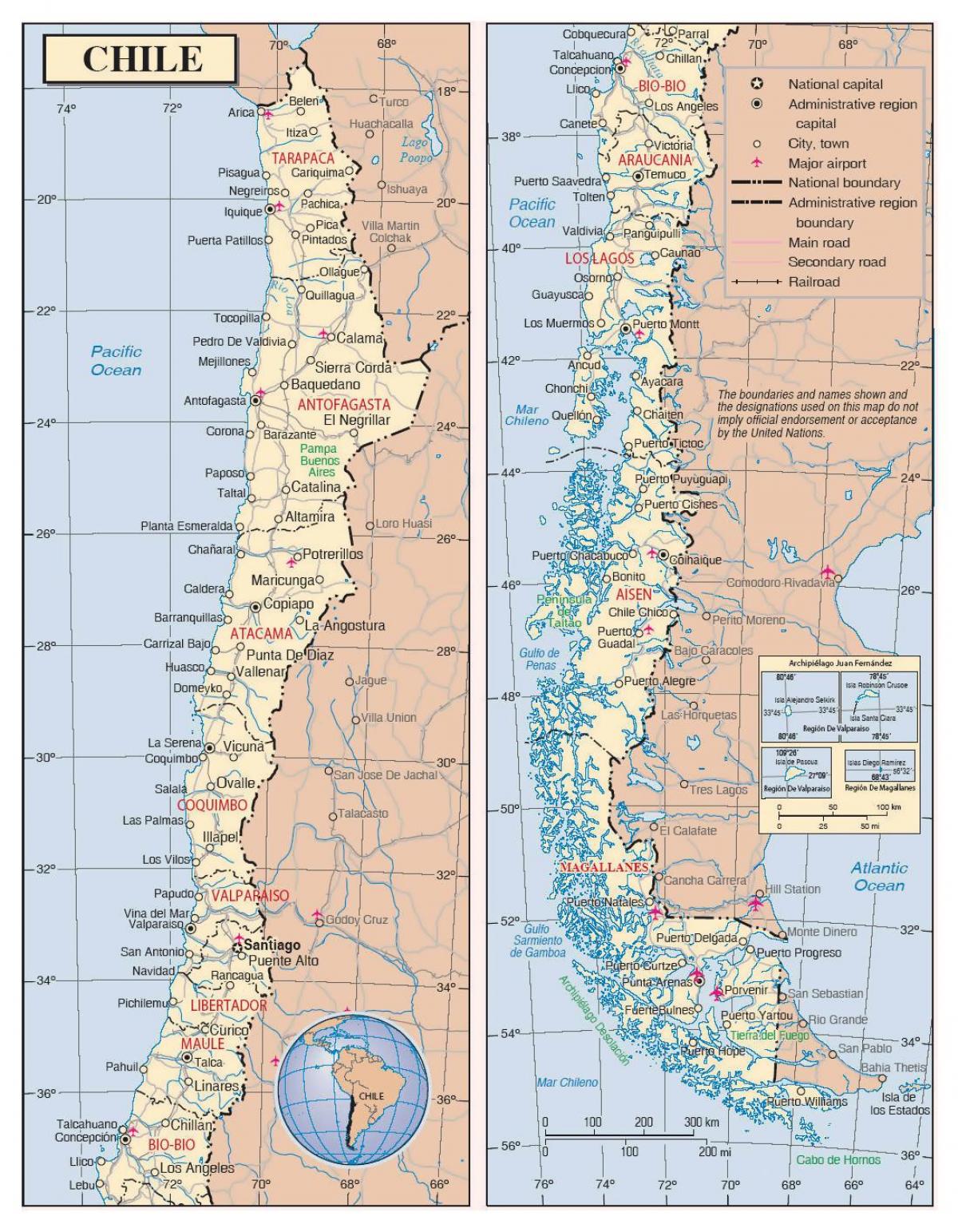χάρτης με τις πόλεις της Χιλής